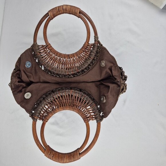 Coldwater Creek Chocolate Brown Macrame Woven Wood Double Hoop Handle Bag - Picture 7 of 14